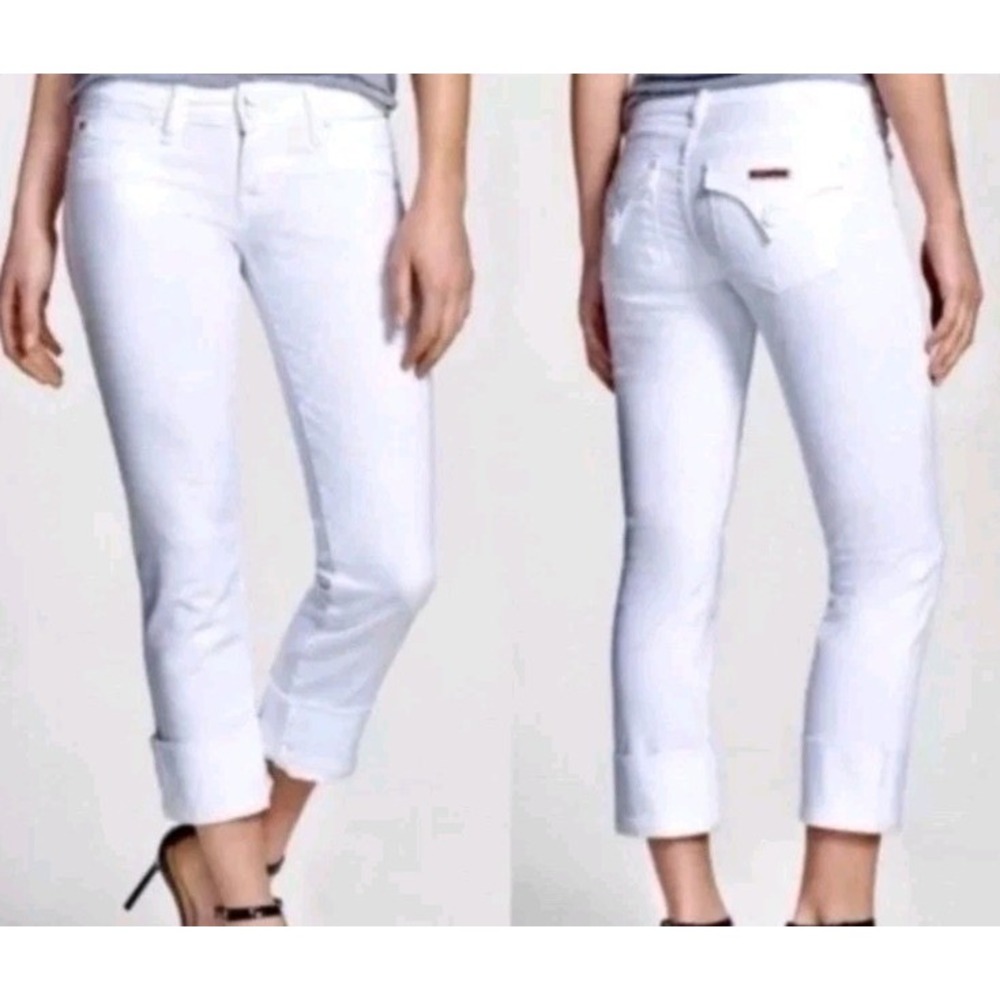 Hudson Womens Ginny Crop Straight Cuffed Leg Jeans Sz 27 White Flap Pocket Denim
